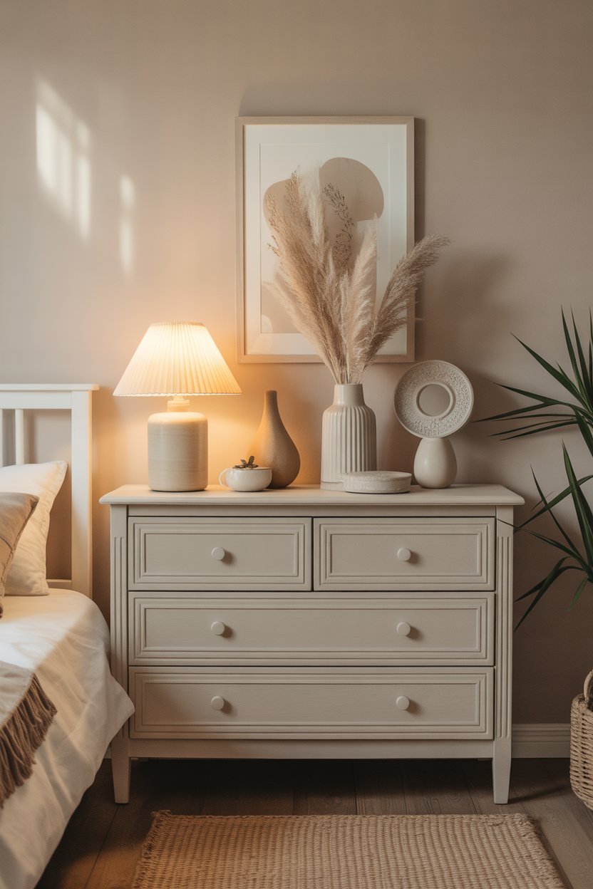 Soft neutral painted IKEA dresser in beige tones,+ creating a calm and cozy bedroom vibe