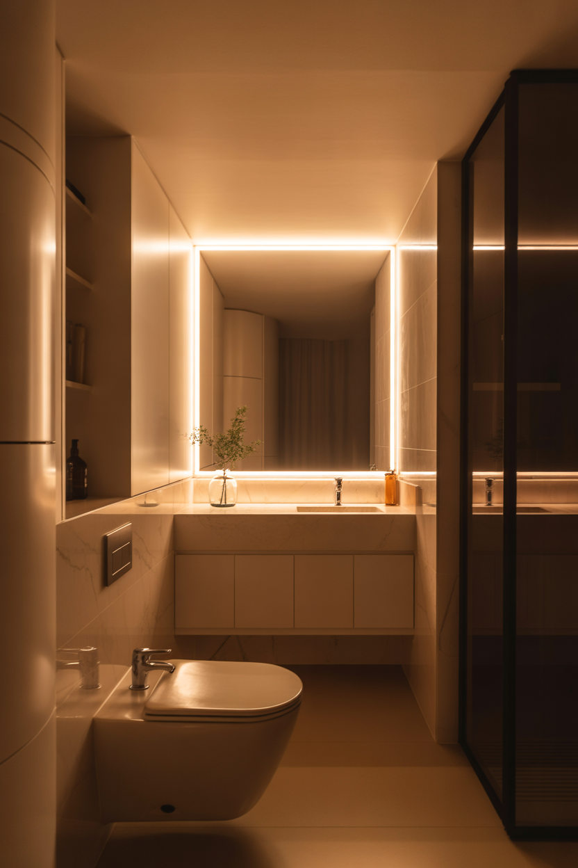 Neutral small bathroom with light colors and modern spa aesthetic