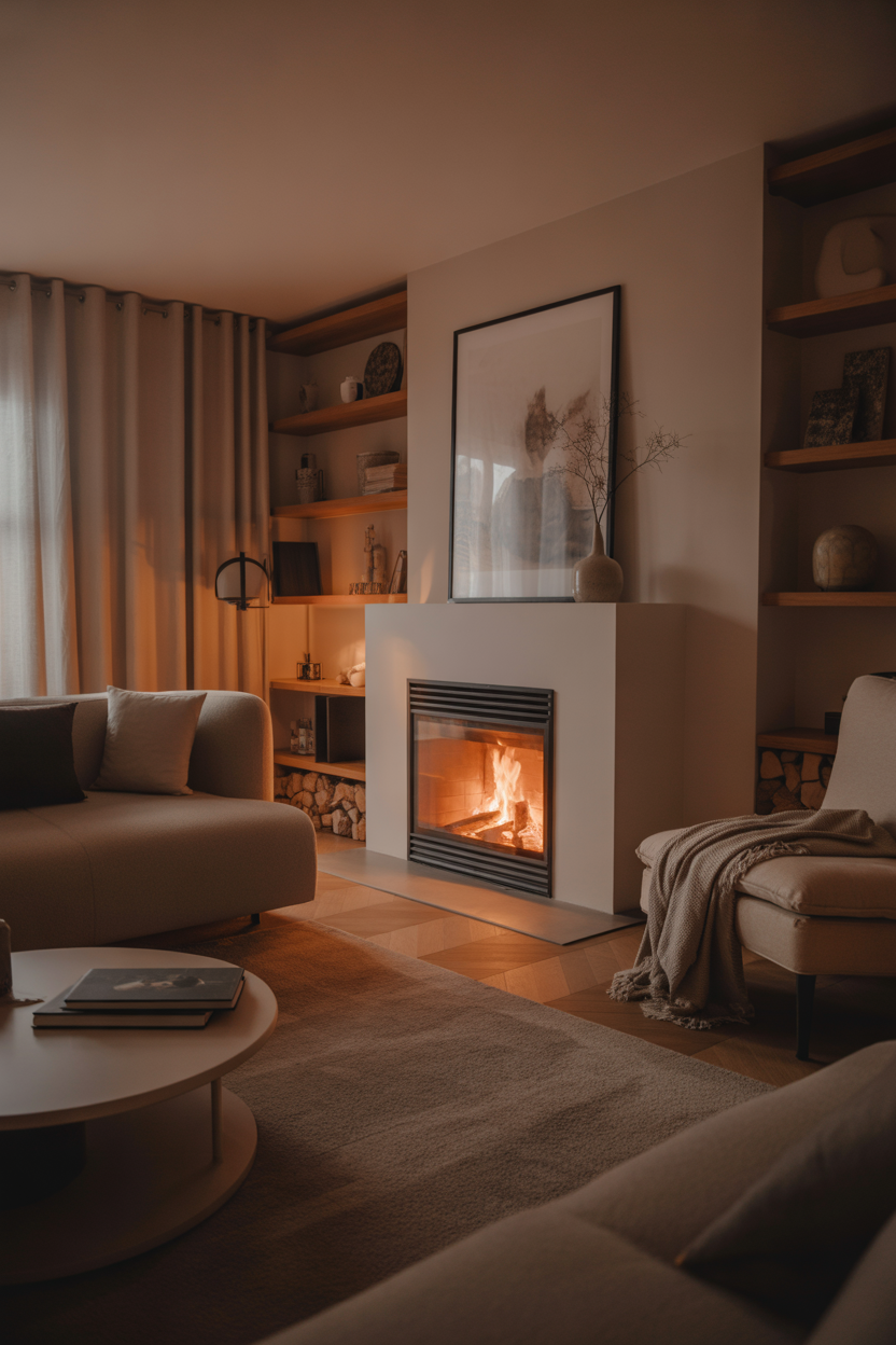 Scandinavian living room fireplace cozy warm Nordic design