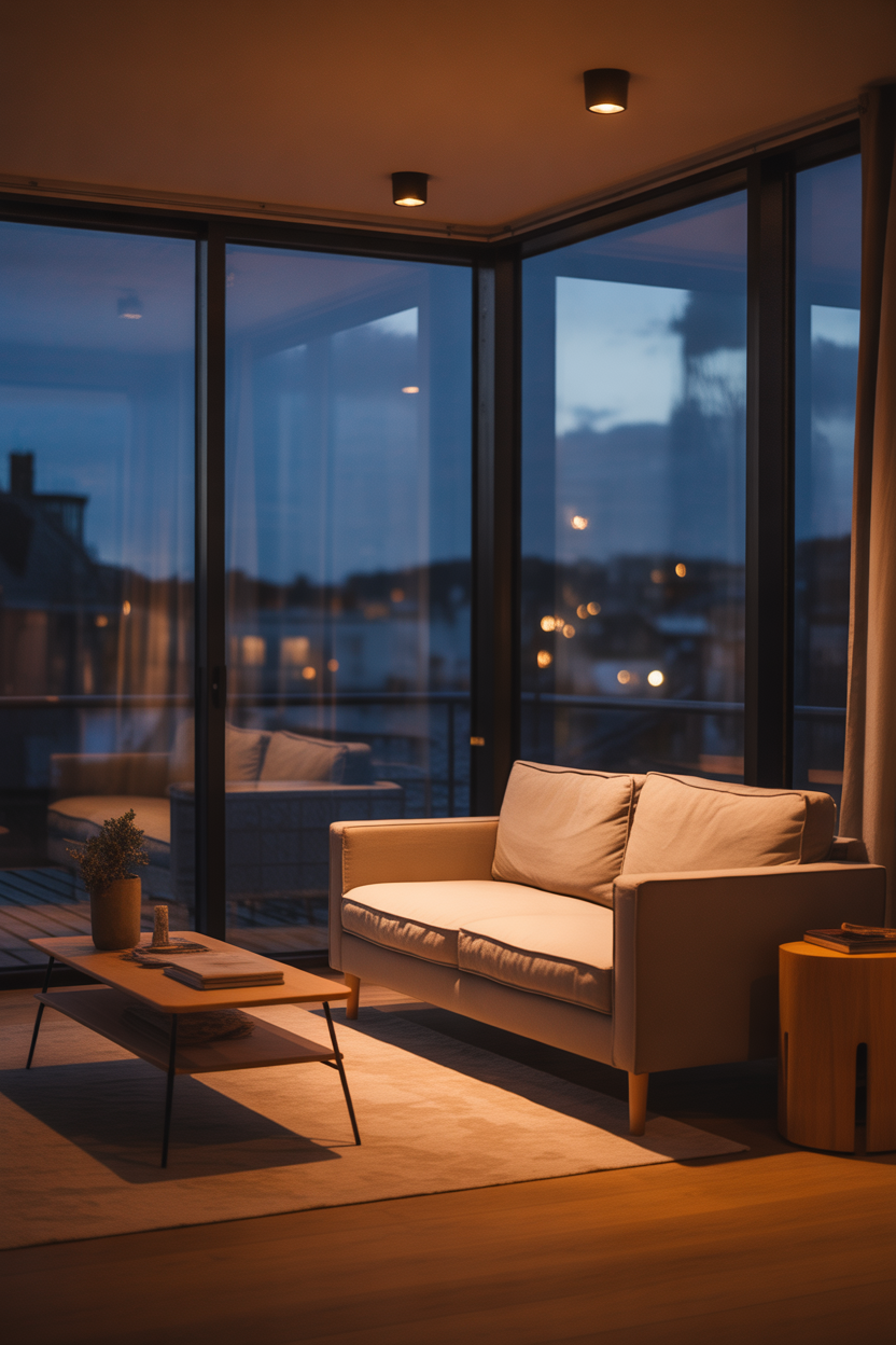 Scandinavian living room floor-to-ceiling windows, modern cozy design