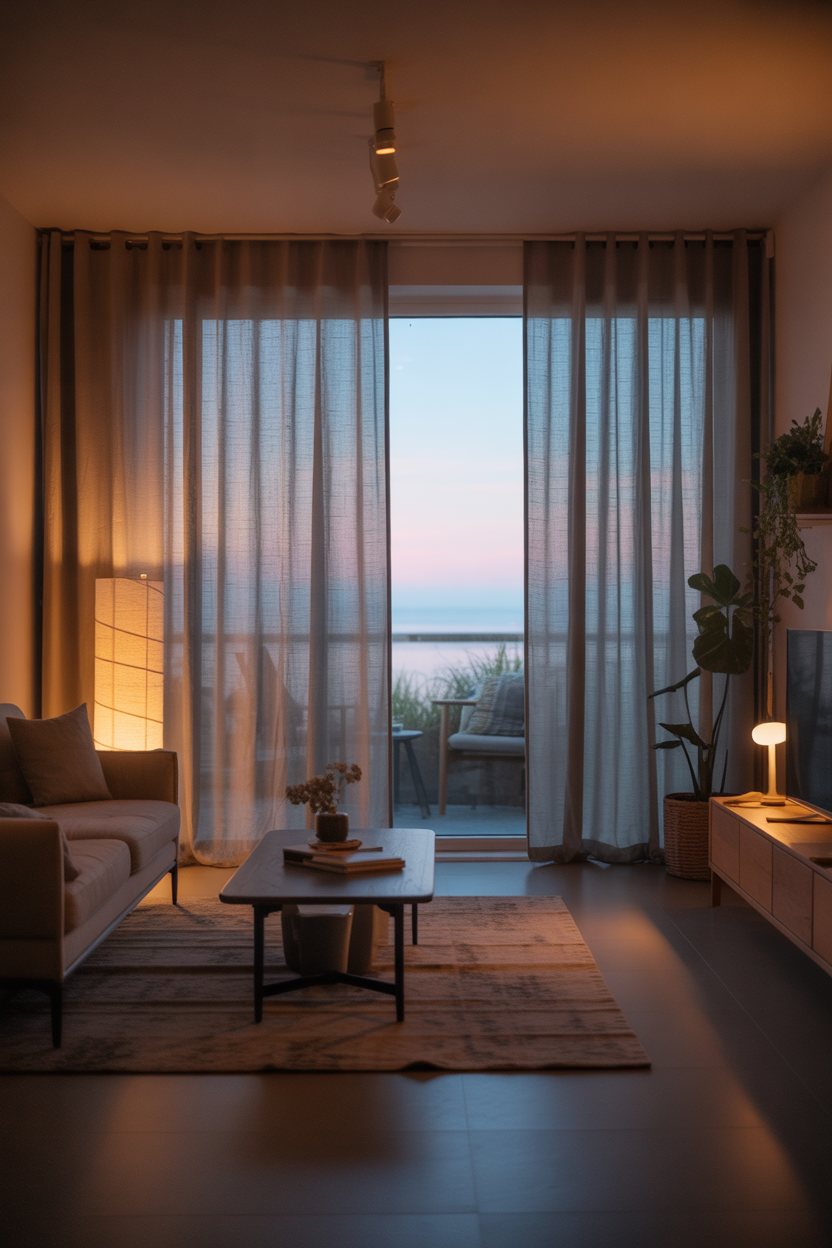 Scandinavian living room, natural light, airy modern design