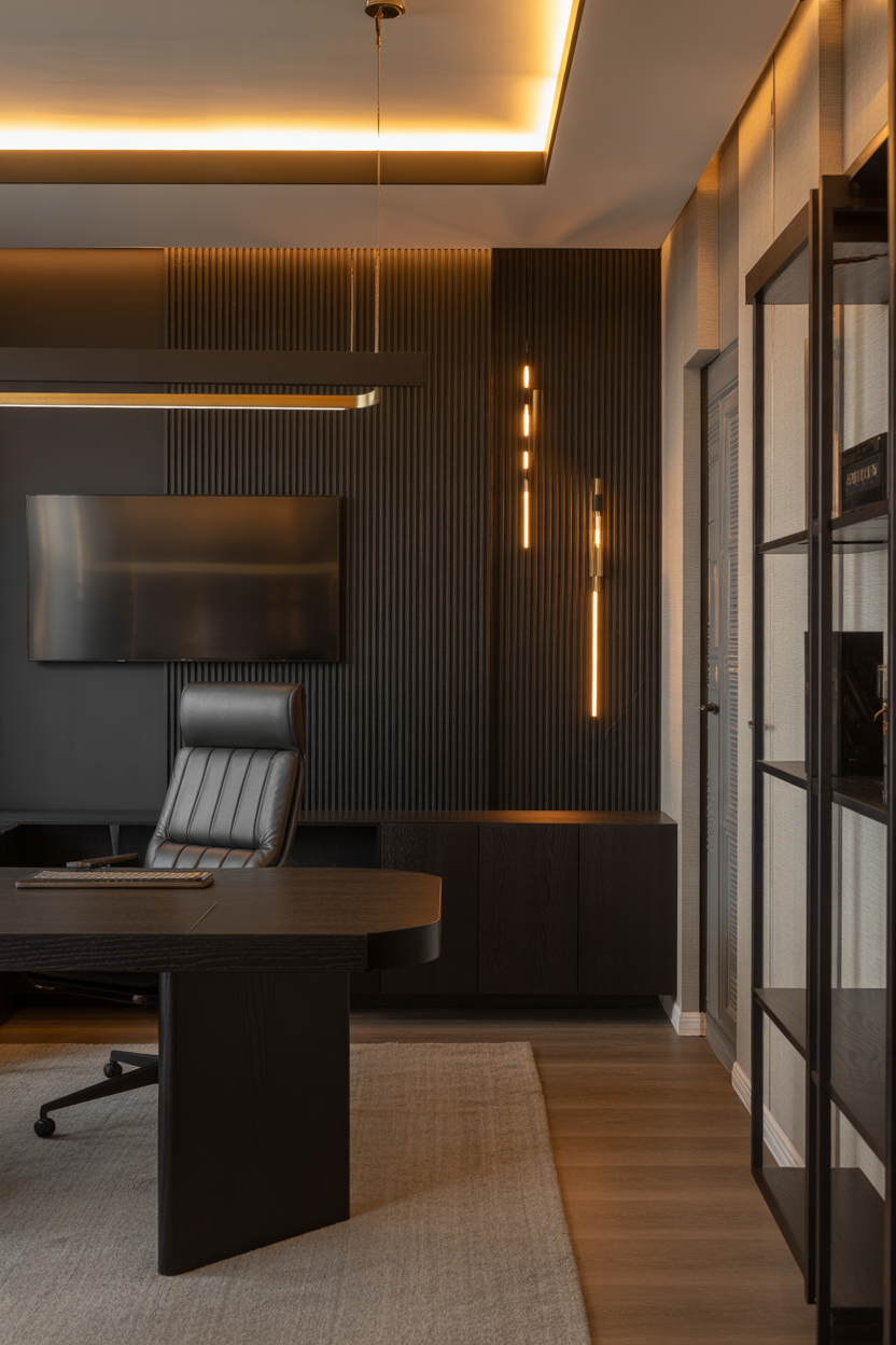 home office with stylish accent wall decor