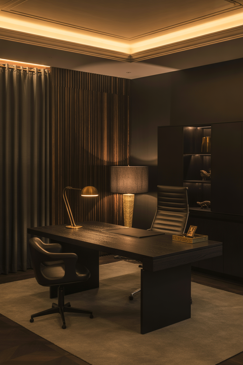 cozy home office with warm layered lighting