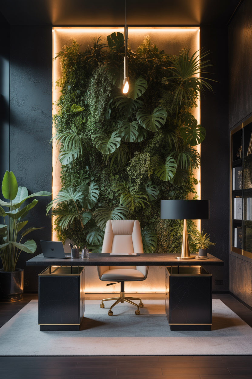 home office with plant wall and greenery decor