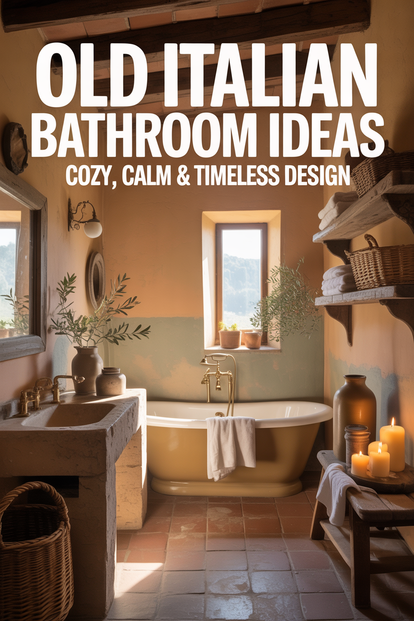 Cozy old Italian bathroom with warm earthy tones, rustic walls, vintage fixtures, natural textures, and soft sunlight creating a calm and timeless villa-style atmosphere.