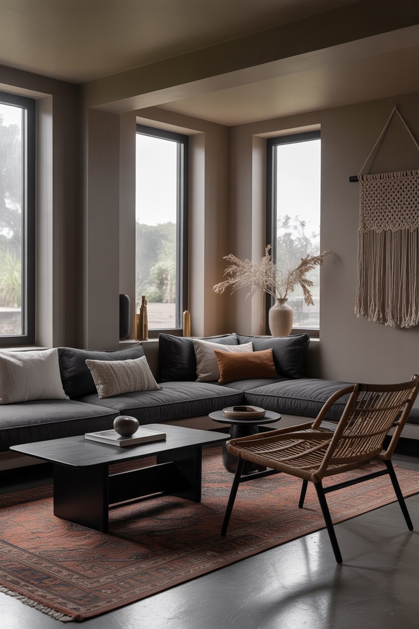 Small boho living room with open layout and airy minimal design