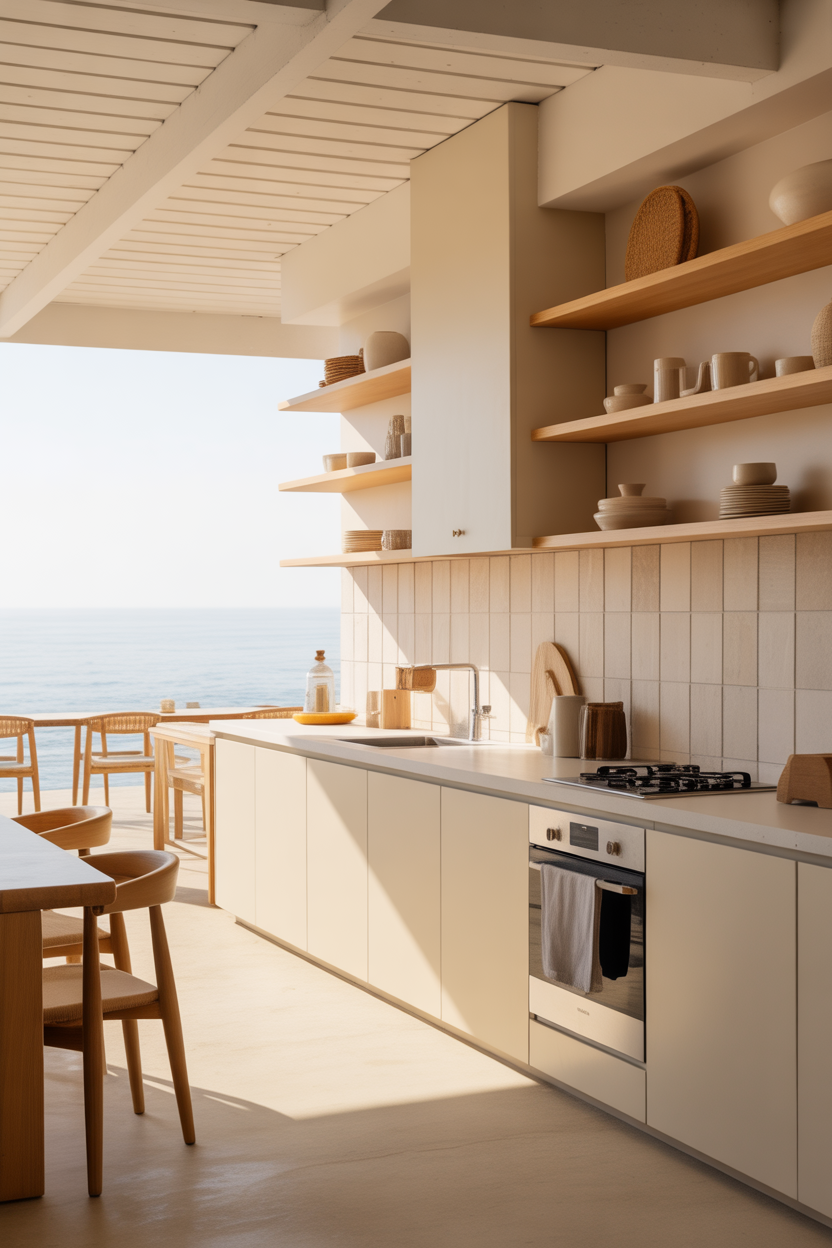 Open shelving coastal kitchen with minimal backsplash and airy design