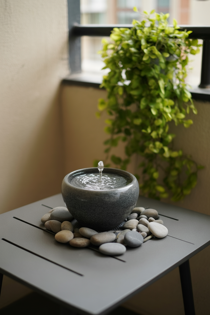 Small solar tabletop water fountain on apartment balcony for peaceful summer outdoor decor idea