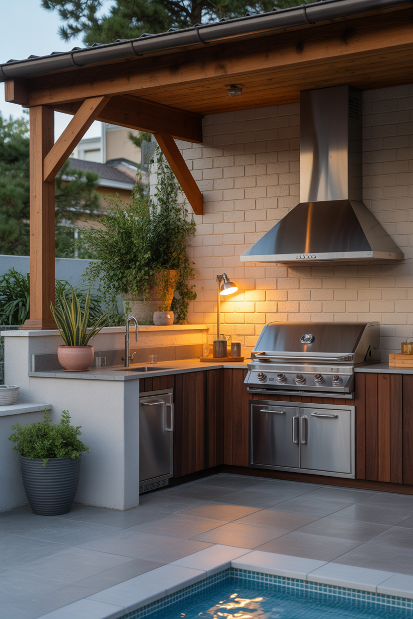 Outdoor kitchen corner ideas for a covered patio with cozy luxury night ambiance