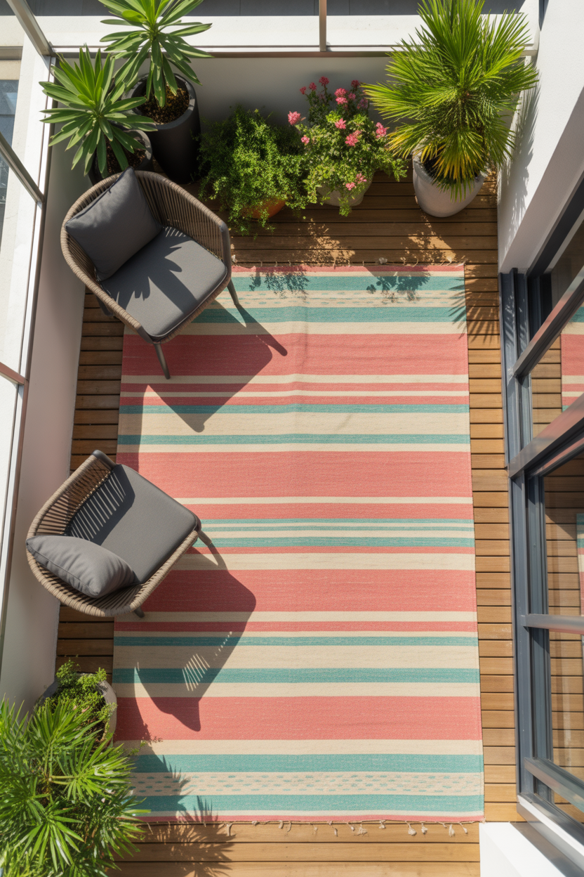 Striped outdoor rug on apartment balcony floor as part of cozy summer decor setup