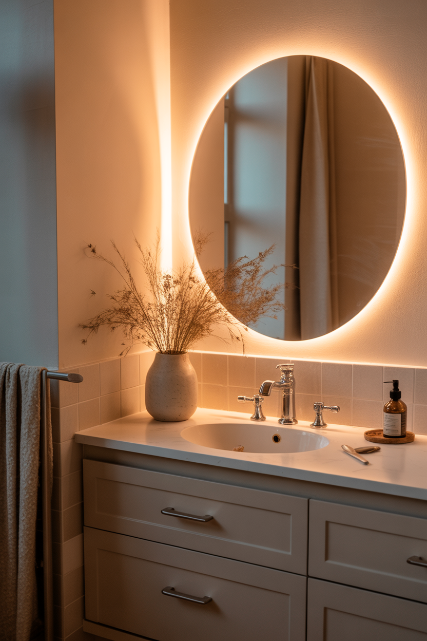 oval coastal bathroom mirror ideas with soft, elegant lighting