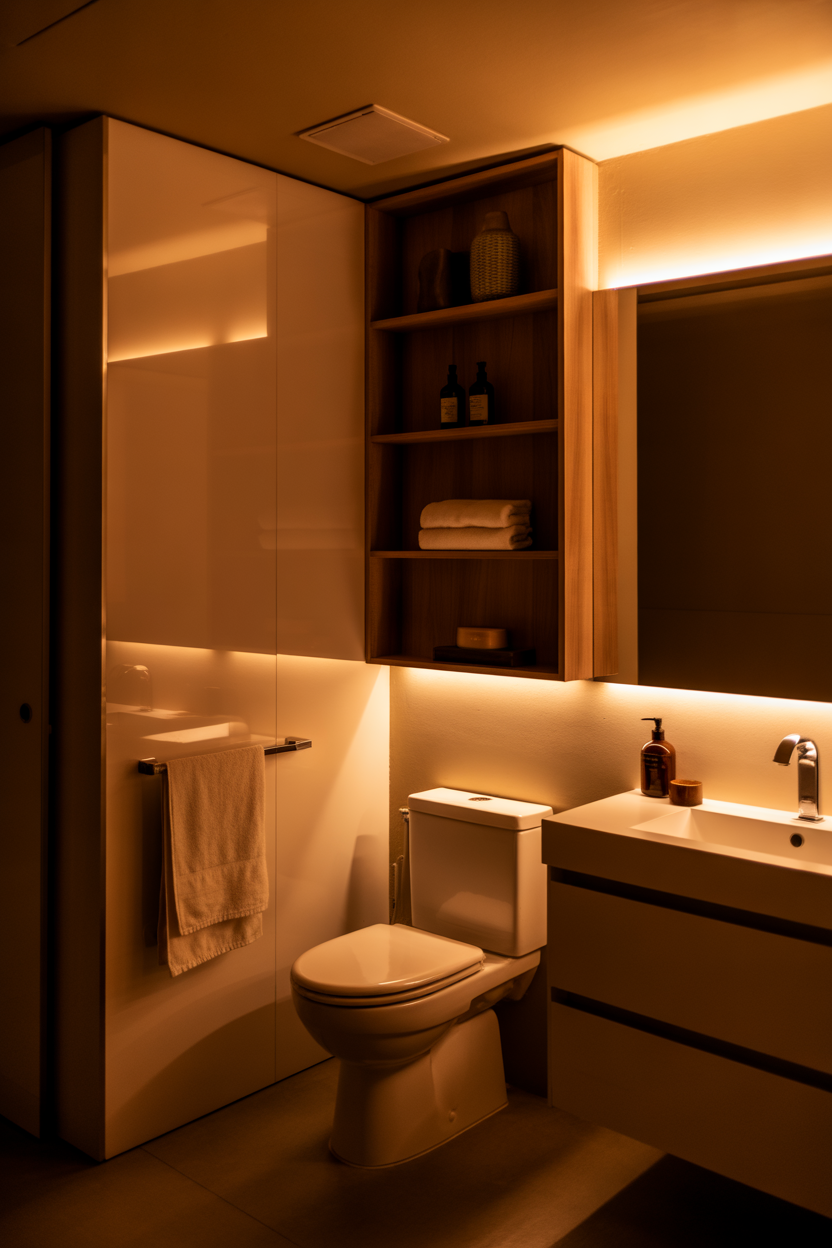 Over toilet storage, small bathroom organization, modern design