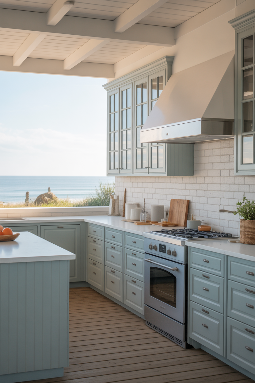 Pale blue coastal kitchen cabinets with soft ocean-inspired tones