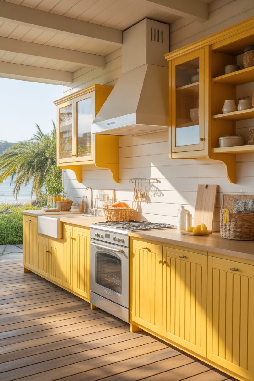 Pale yellow coastal kitchen cabinets with a sunny and warm beach vibe