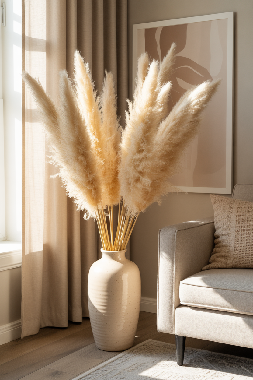 pampas grass decor in neutral, earthy boho living room