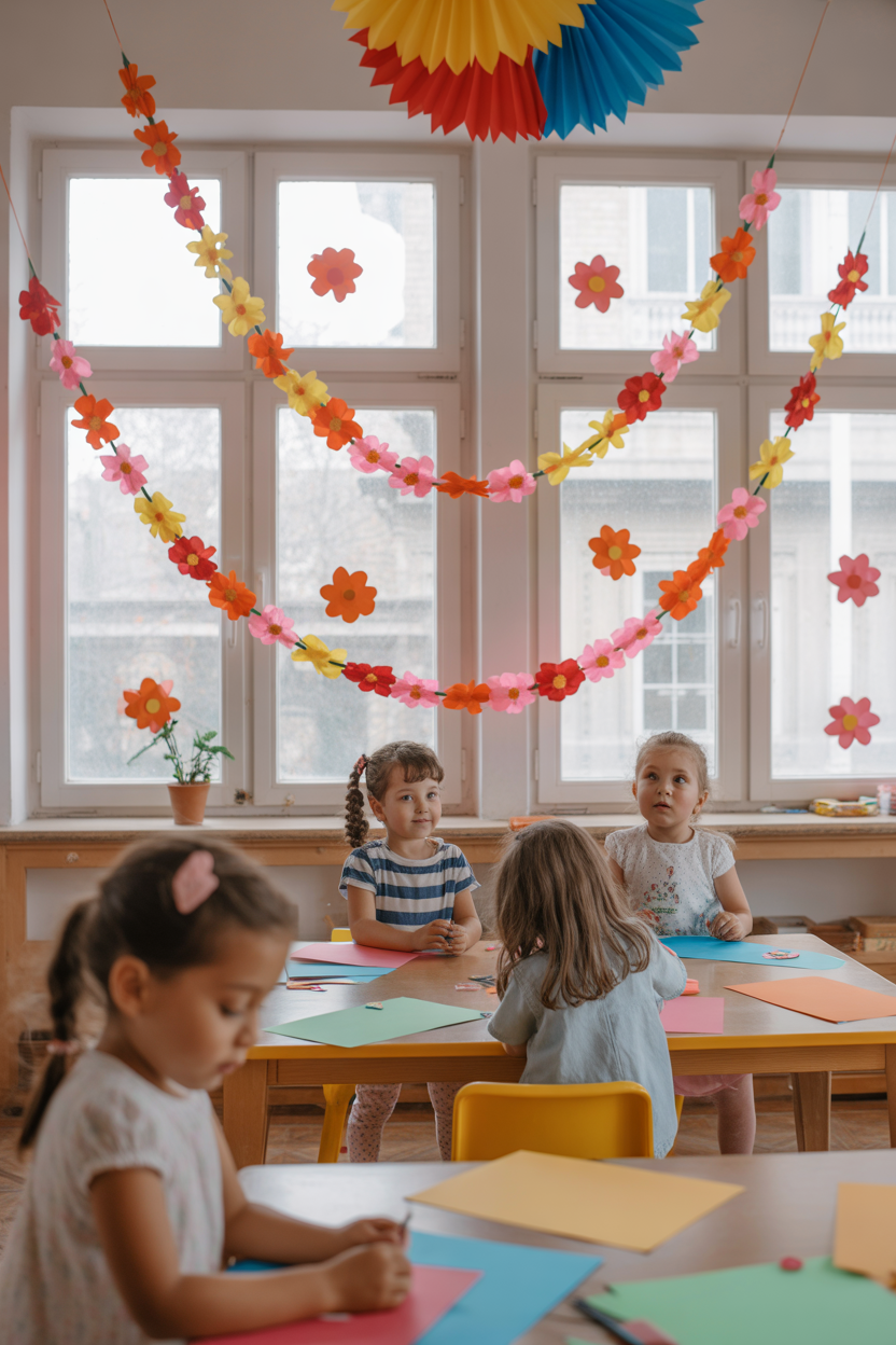 Handmade colorful paper flower garland classroom decoration for Mother’s Day