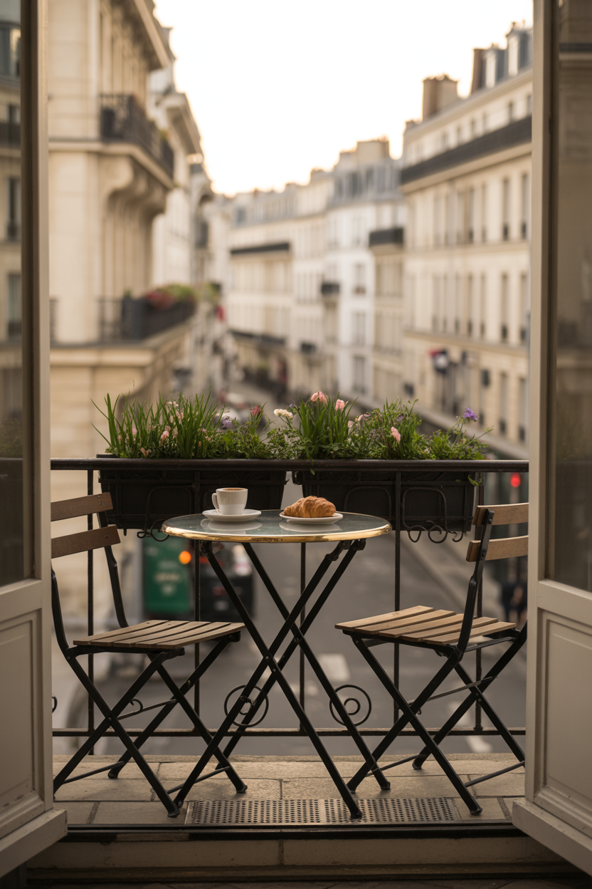Paris style balcony café setup with coffee and a romantic spring vibe