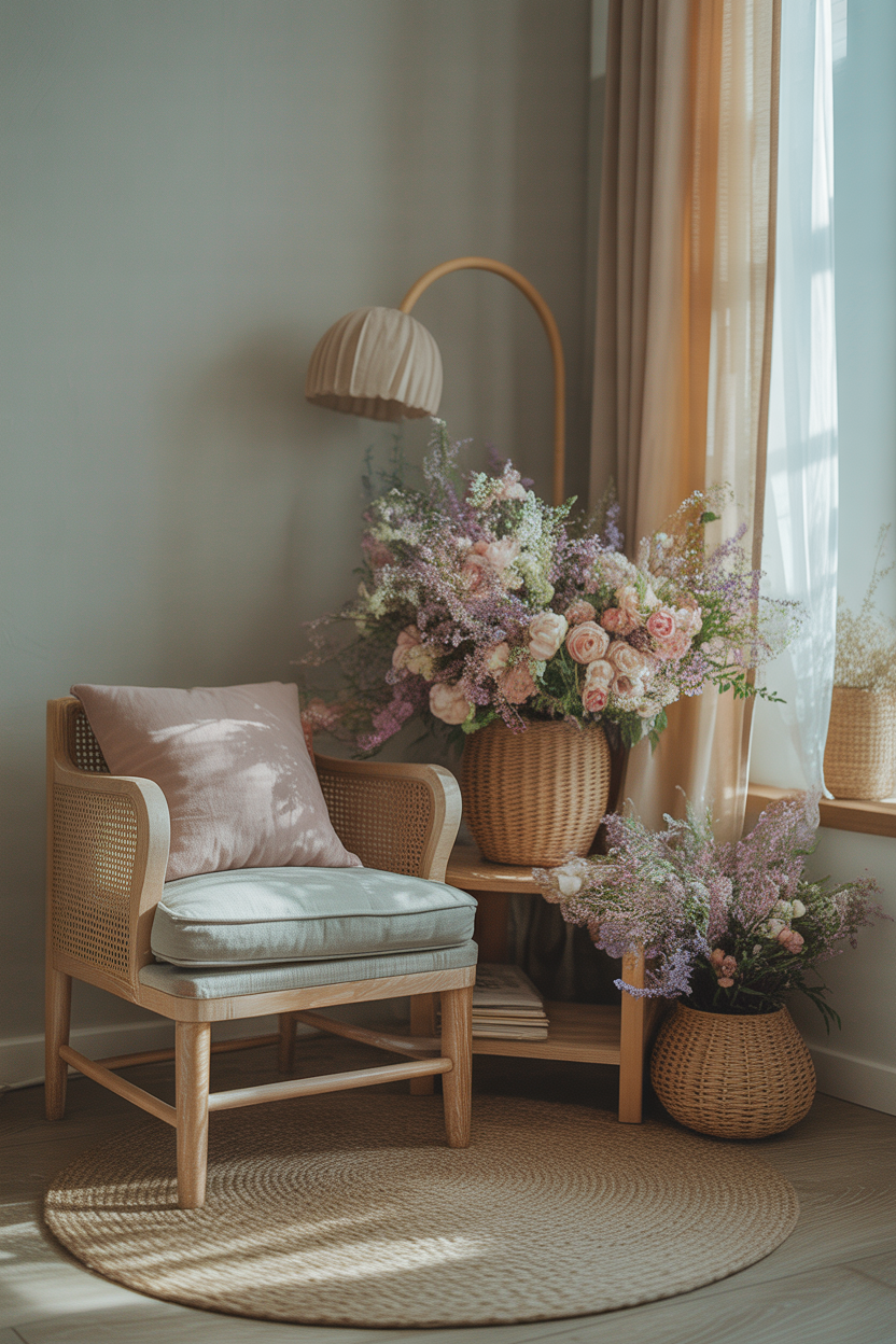 pastel flower decor ideas for Mother’s Day cozy corner setup