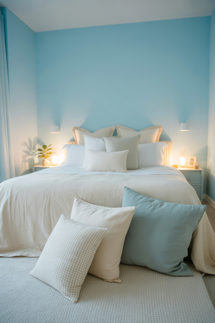Ultra HD pastel blue guest bedroom with soft white accents, cozy rugs, gentle night-mode lighting, dreamy and calming aesthetic