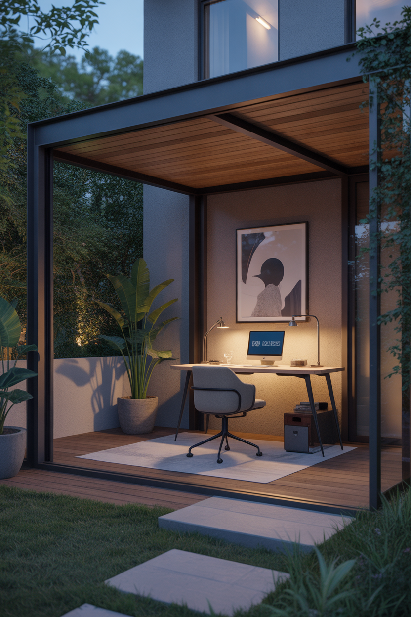 outdoor patio office ideas for a covered patio with cozy luxury vibes