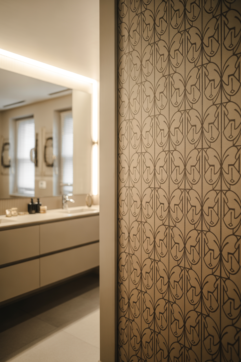 Art Deco bathroom with patterned wallpaper feature wall