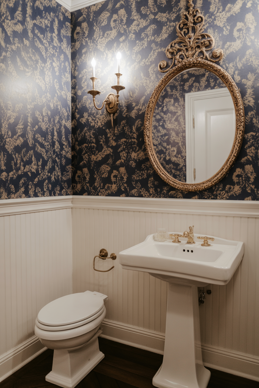 Bold navy peel-and-stick removable floral wallpaper in a renter-friendly powder room with white pedestal sink and round mirror
