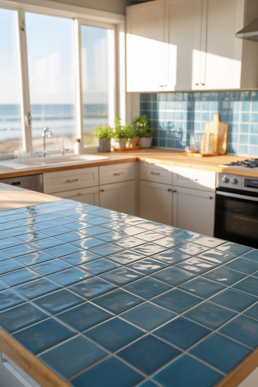 Peel and stick coastal backsplash for easy budget kitchen makeover