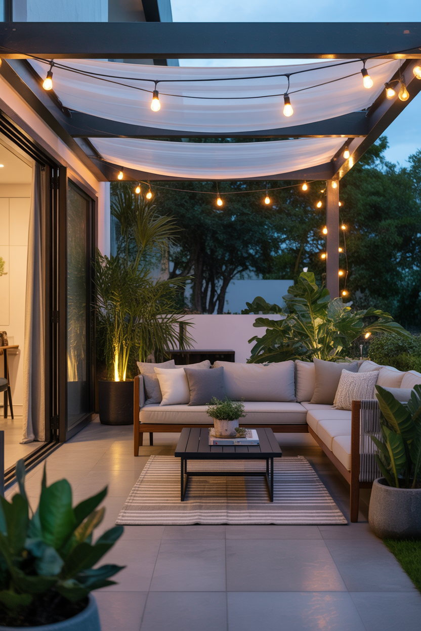 Statement pergola ceiling ideas for a covered patio with cozy luxury vibes