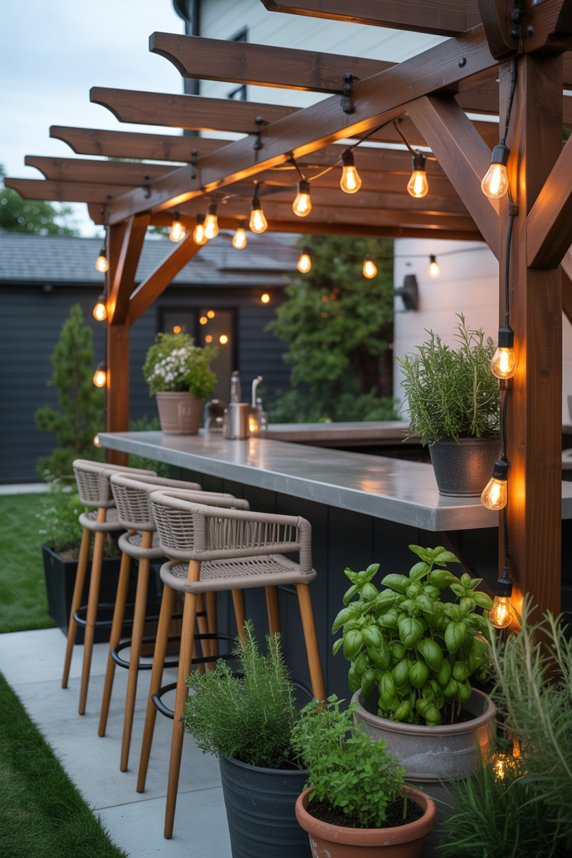 pergola patio ideas with outdoor kitchen and bar setup for entertaining