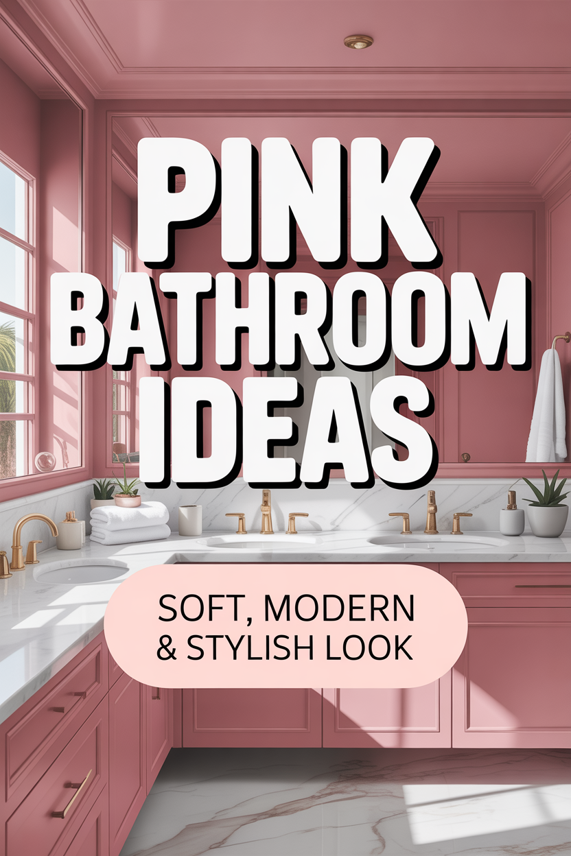 Soft modern pink bathroom with blush walls, gold accents, and elegant cozy decor