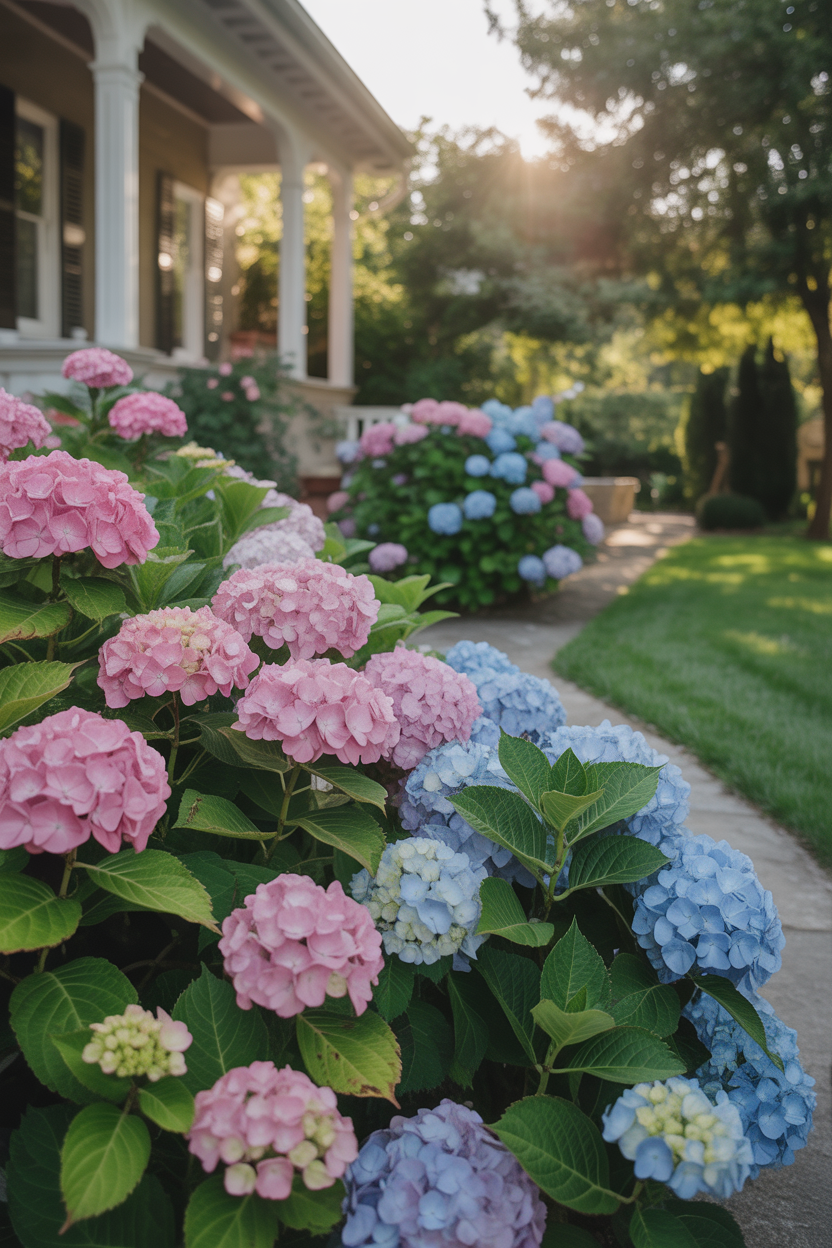 pink and blue hydrangea front yard landscaping for dreamy curb appeal