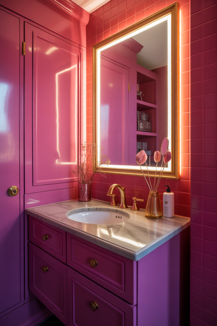 pink bathroom ideas with gold fixtures and luxury evening lighting