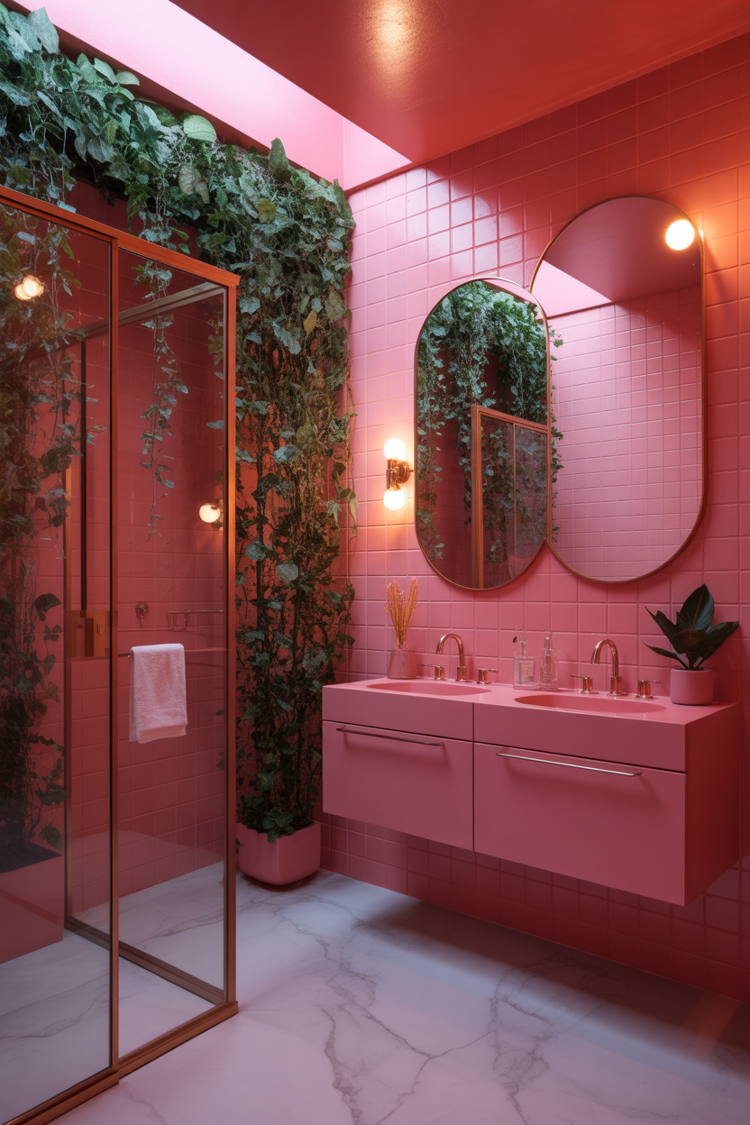 pink bathroom ideas with green plants, botanical styling