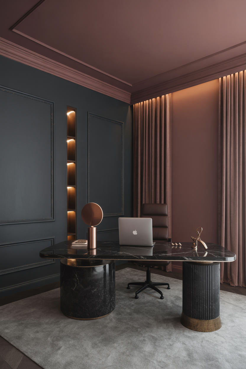soft pink home office decor with blush chair and gold accents