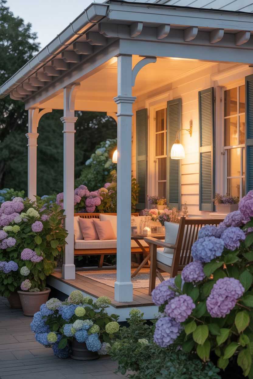 front porch hydrangea landscaping cozy entrance idea