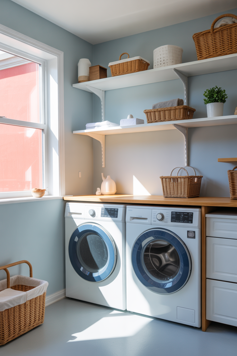 airy powder blue laundry room with white shelves and natural light
