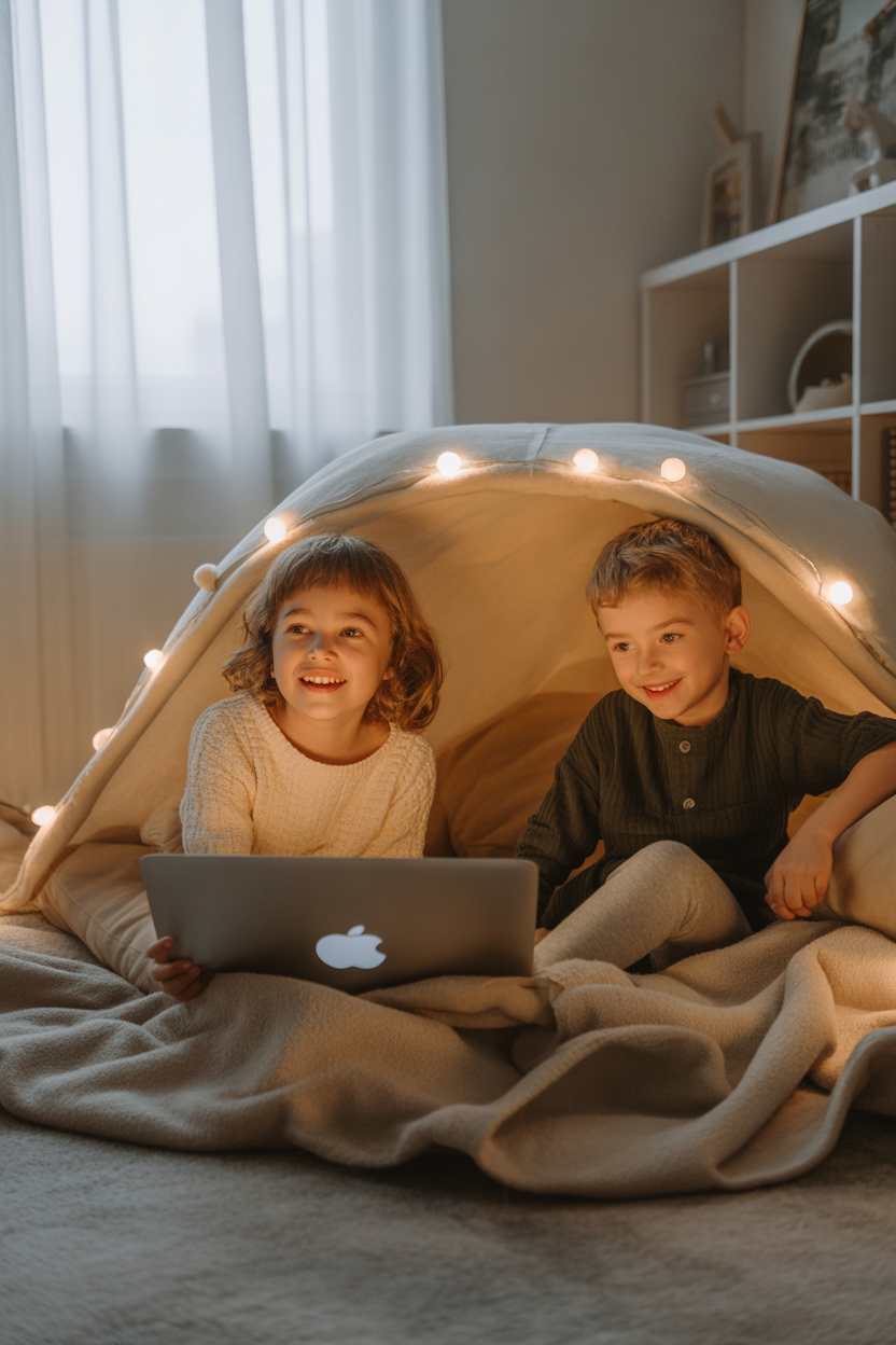 Alt Text: cozy indoor preschool summer activities,pillo,w fort movi,e day