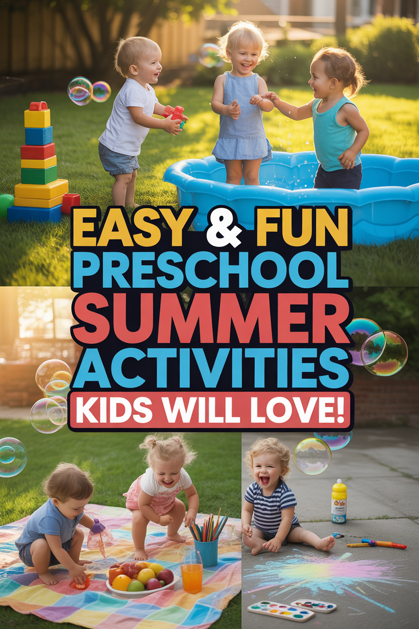Preschool kids enjoying fun and easy summer activities outdoors with water play, toys, and bright sunny backyard setting