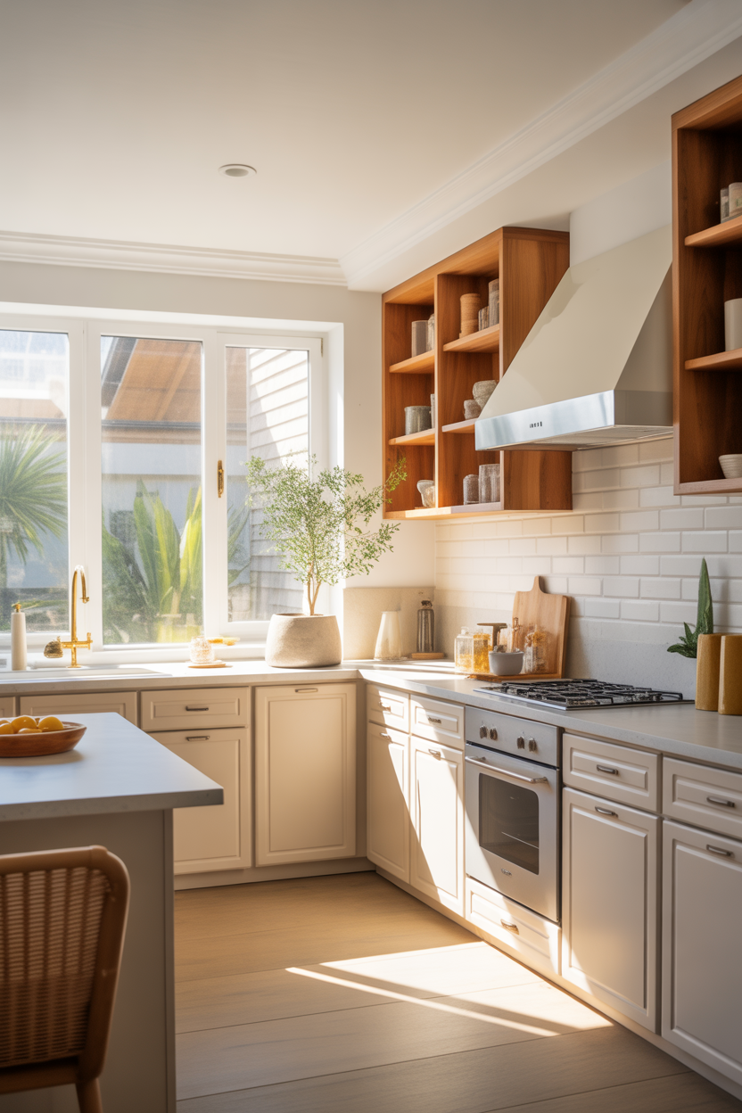 Coastal kitchen ideas with quartz countertops mimicking sand