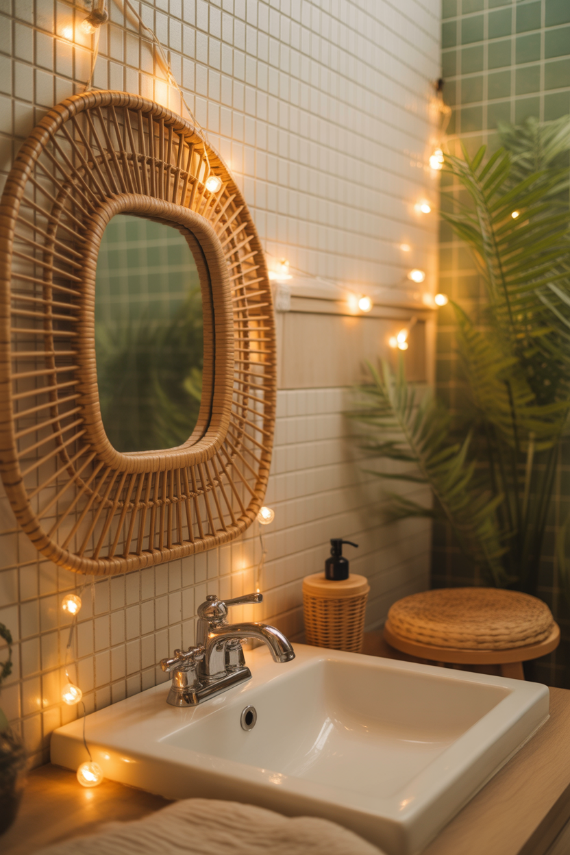 rattan coastal bathroom mirror ideas with cozy warm lighting