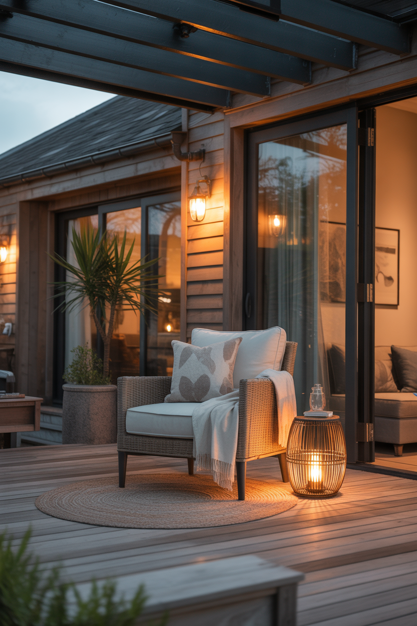 Outdoor reading retreat ideas for a covered patio with cozy luxury ambiance