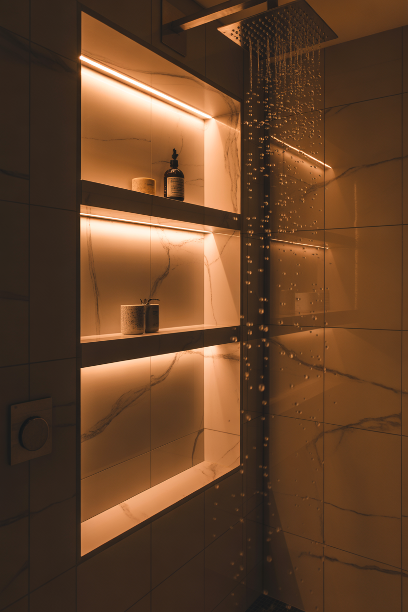 Shower niche recessed shelving modern small bathroom luxury design