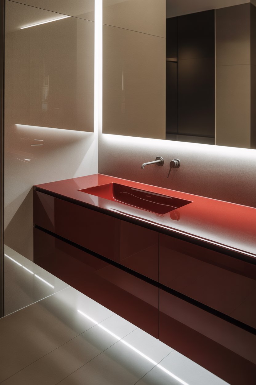 Red and gray bathroom with stone walls, chrome fixtures, and red towels for a sleek, modern look