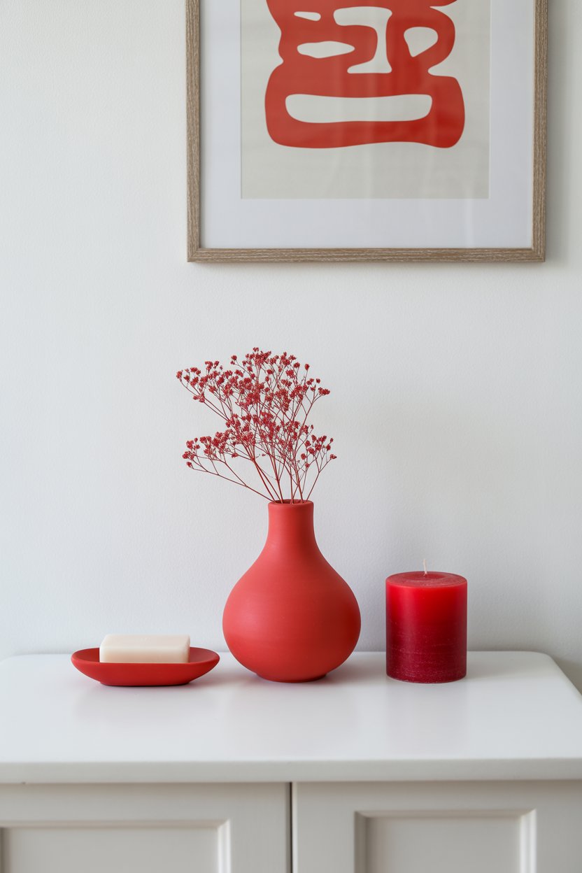 Red bathroom accessories, including a ceramic vase, soap dish, and candle on a white countertop for a minimal, stylish look