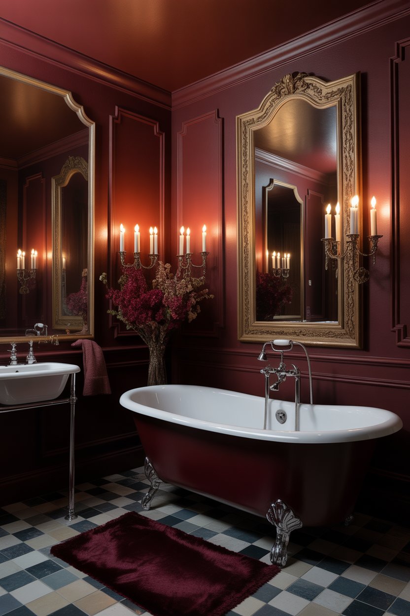 Moody red bathroom with warm Edison pendant lights, brass sconces, and a backlit mirror for atmospheric luxury lighting
