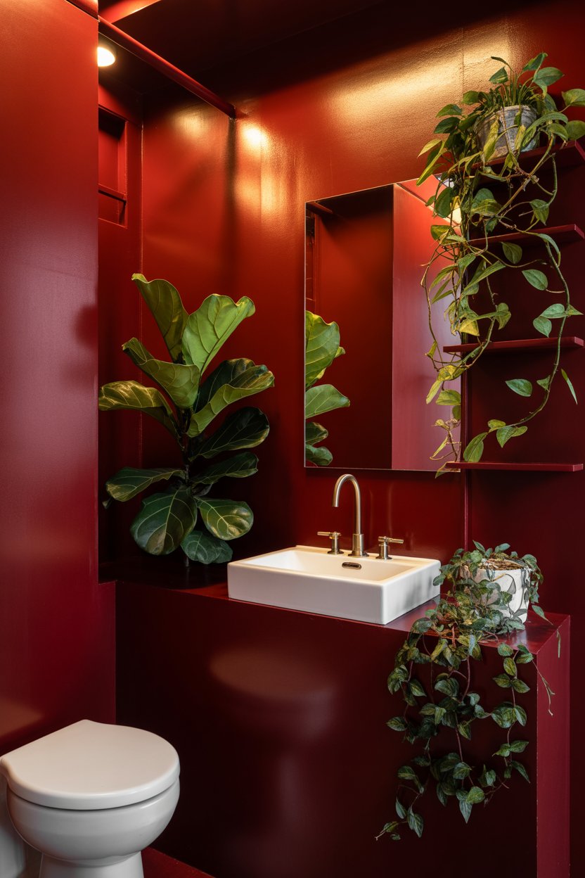 Deep red bathroom with fiddle leaf fig and trailing pothos plants for a lush, botanical, dramatic look