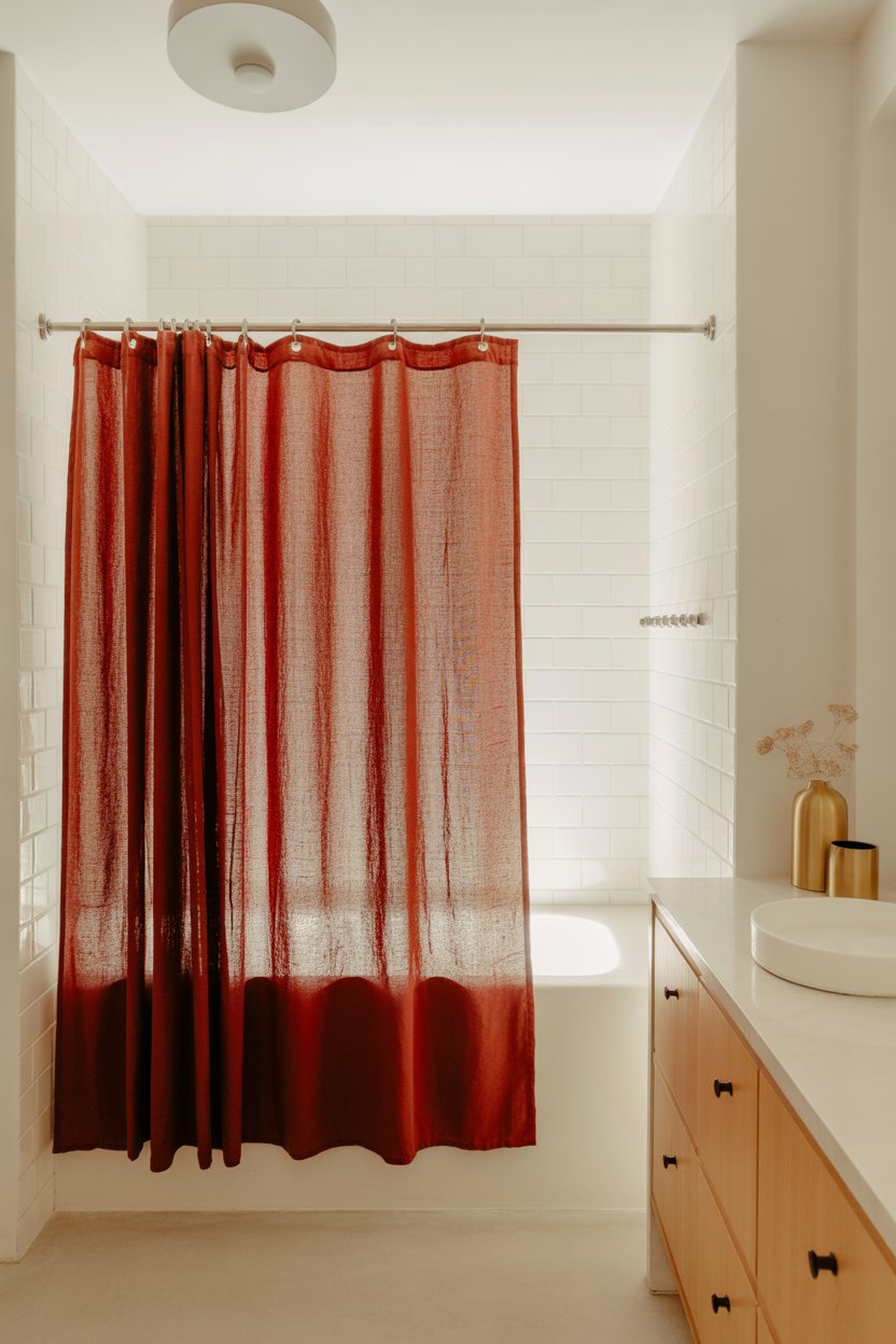 Deep red linen floor-length shower curtain in a bright white bathroom with gold accessories for an elegant statement look