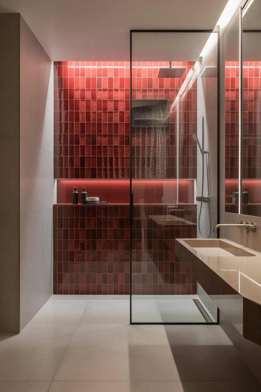 Red tile feature wall in a modern bathroom shower with white surrounding walls and chrome fixtures