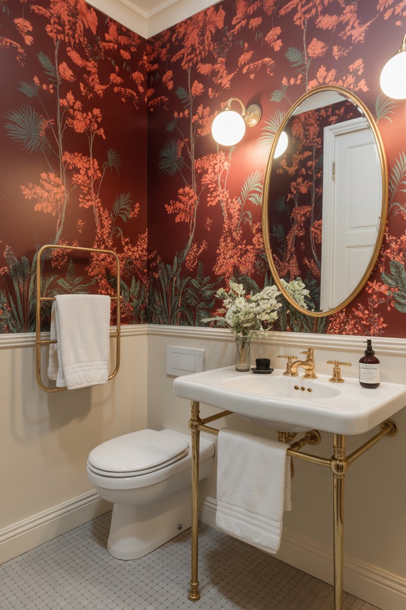 red botanical wallpaper bathroom with gold mirror, white fixtures, and soft lighting for an elegant, bold look
