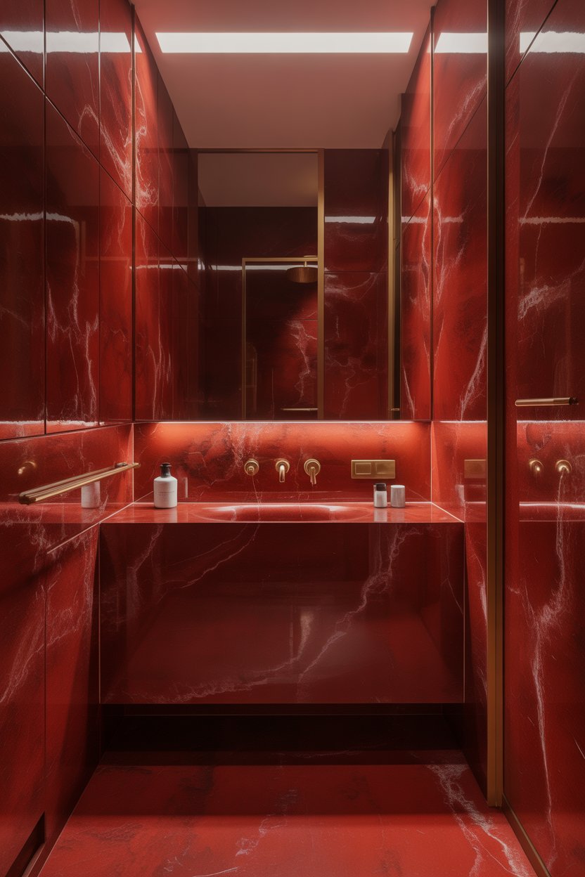 Red, white, and gold bathroom decor with marble walls, brass fixtures, and luxurious styling